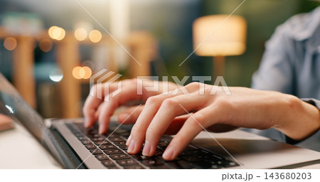 Woman, keyboard and typing with hands on laptop, browsing and searching for internet review online. Email, office blog and communication for company project, administrator and schedule planning 143680203