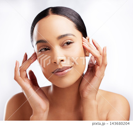 Woman, skincare and thinking in studio with hands for collagen, beauty and results. Model girl, idea and pride for makeup or cosmetics isolated by white background for self care or transformation Woman, skincare and thinking in studio with hands for collagen, beauty and results. Model girl, idea and pride for makeup or cosmetics isolated by white background for self care or transformation 143680204