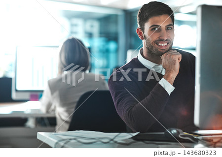 Business, man and portrait on computer in office for research, information and planning for project as web designer. Smile, male person and pc for website, communication and negotiation proposal 143680323