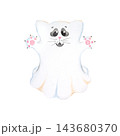 A cute watercolor ghost cat. A hand-drawn Halloween ghost costume. A funny, cartoonish cat being adorably spooky. A character perfect for a child birthday party. Soft little paws. 143680370