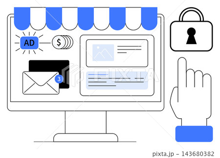 Cybersecurity, online shopping, digital advertising, e-commerce safety, communication tools, secure transactions. Digital elements with lock and finger pointer. Cybersecurity and online shopping 143680382