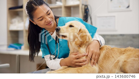 Woman, vet and dog at clinic with smile, care and stroke for health, development and growth with wellness. Person, doctor and golden retriever pet with assessment, exam and check at animal hospital Woman, vet and dog at clinic with smile, care and stroke for health, development and growth with wellness. Person, doctor and golden retriever pet with assessment, exam and check at animal hospital 143680746