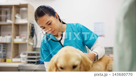 Vet, woman and stethoscope for dog in clinic, care or listen for health, cardiology or breathing with wellness. People, doctor and golden retriever pet in assessment, exam or lungs at animal hospital Vet, woman and stethoscope for dog in clinic, care or listen for health, cardiology or breathing with wellness. People, doctor and golden retriever pet in assessment, exam or lungs at animal hospital 143680770
