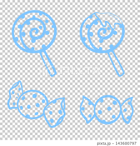 A set of line art illustrations of light blue candy. A set of line art illustrations of light blue candy. 143680797