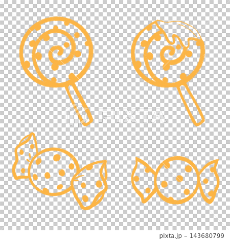 A set of line art illustrations of yellow candy. 143680799