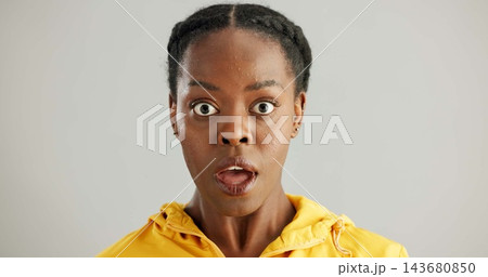 Surprise, portrait and black woman in studio with omg for announcement, gossip or fake news on gray background. Wide eyes, emoji and person with reaction for secret, wow or unexpected revelation 143680850