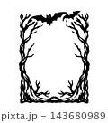 Bat bough frame, black winged pair top bare branches oval, vertical border ornament. Halloween horror decoration sketch, spooky night motif mark. Flying duo eerie seal 143680989