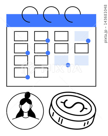 Time management, payment scheduling, workforce planning, financial management, business tasks, organization. Calendar with marked dates, coin and female avatar icon. Time management and payment 143681048