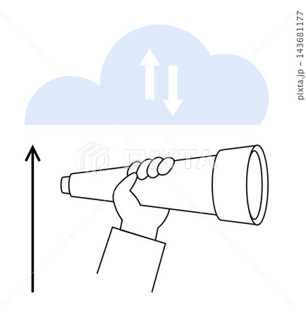 Data exploration, cloud computing, forecasting, technology, innovation, business growth. A hand holding a telescope with a cloud and direction arrows. Data exploration and cloud computing concept Data exploration, cloud computing, forecasting, technology, innovation, business growth. A hand holding a telescope with a cloud and direction arrows. Data exploration and cloud computing concept 143681177