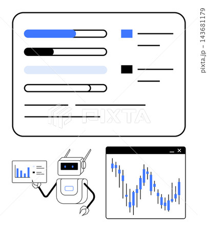 Financial analysis, stock trading, artificial intelligence, data visualization, business growth, automation. Robot presenting charts with progress bars and market trends. Financial analysis and stock Financial analysis, stock trading, artificial intelligence, data visualization, business growth, automation. Robot presenting charts with progress bars and market trends. Financial analysis and stock 143681179