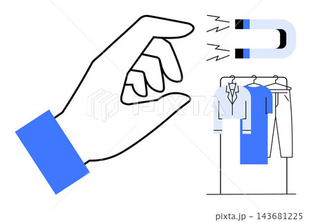 Fashion marketing, e-commerce, customer attraction, retail advertising, behavioral targeting, brand awareness. A hand gesture draws clothes using a magnet icon. Fashion marketing and e-commerce Fashion marketing, e-commerce, customer attraction, retail advertising, behavioral targeting, brand awareness. A hand gesture draws clothes using a magnet icon. Fashion marketing and e-commerce 143681225