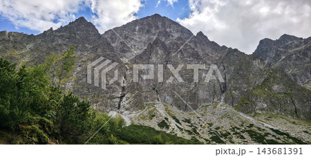 Rocky peaks Maly Kiezmarski Szczyt, Mala Kiezmarska Kopka, Zlota Turnia, Zloty Kopiniak in Slovak Tatras above dwarf pine. Concept of mountain hiking, alpine climbing, ecotourism, adventure 143681391