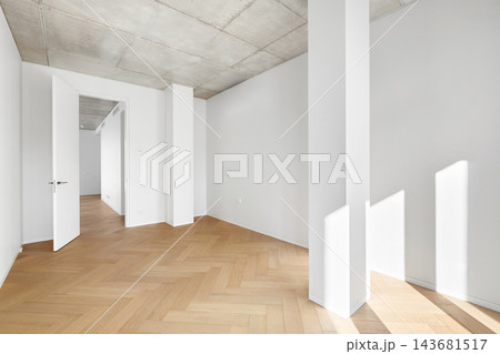 Modern empty apartment room interior mockup with white walls, column, and open door. 143681517