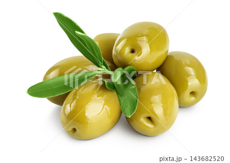 Green olives with leaves isolated on a white background with full depth of field Green olives with leaves isolated on a white background with full depth of field 143682520