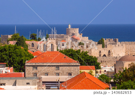 Medieval Fortifications and Red Rooftops in Rhodes Old Town, Greece Medieval Fortifications and Red Rooftops in Rhodes Old Town, Greece 143682653