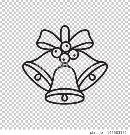 Line icon of three Christmas jingle bells decorated with holly berries and a ribbon bow. Line icon of three Christmas jingle bells decorated with holly berries and a ribbon bow. 143683583
