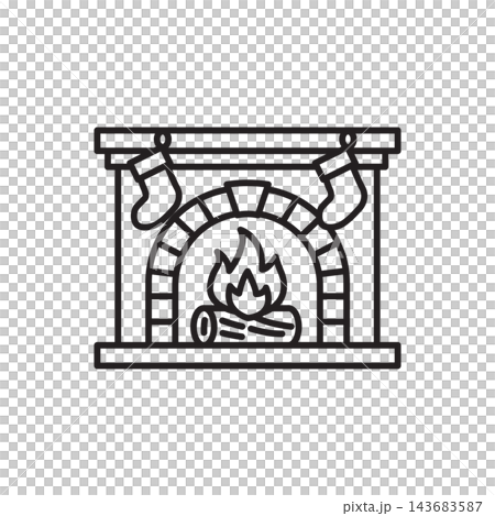 Black and white line icon of a brick fireplace with burning fire wood and hanging stockings. Black and white line icon of a brick fireplace with burning fire wood and hanging stockings. 143683587