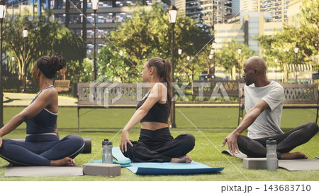 Yoga, seated twist and stretching as three adults rotate their torsos on mats together in green city park. Flexibility, mobility and wellness support shared group exercise and mindful movement. 143683710