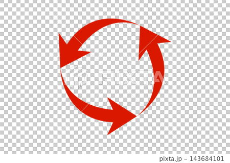 A vibrant red against a white background, with three arrows forming a circle—a symbol of circulation. Recycling, reuse, renewal, rotation, and repetition. 143684101