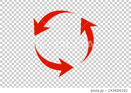 A vibrant red against a white background, with three arrows forming a circle—a symbol of circulation. Recycling, reuse, renewal, rotation, and repetition. A vibrant red against a white background, with three arrows forming a circle—a symbol of circulation. Recycling, reuse, renewal, rotation, and repetition. 143684102