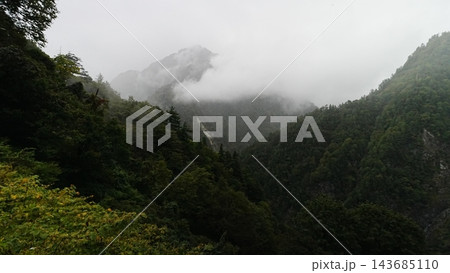 秋の黒部峡谷で手前の木々と深い霧の奥にそびえる奥鐘山の山肌 秋の黒部峡谷で手前の木々と深い霧の奥にそびえる奥鐘山の山肌 143685110