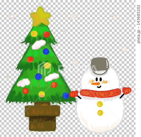 A hand-drawn crayon-style illustration of a decorated Christmas tree and a cute snowman. 143685202