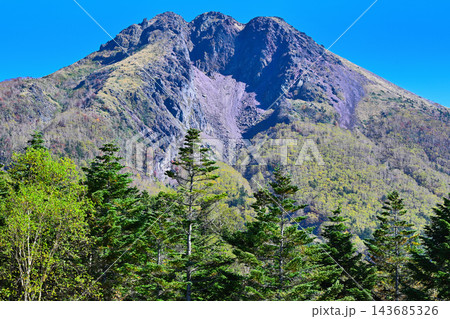 晴れた日 青空のなかの日光白根山 ロープウエイ山頂 晴れた日 青空のなかの日光白根山 ロープウエイ山頂 143685326