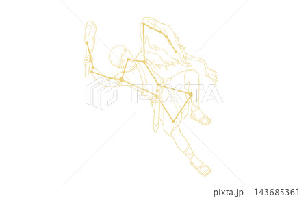 オリオン座の線画イラスト（ゴールド色でオリオンと星座線、線だけで塗りなし） 143685361