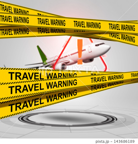 A white airplane behind yellow travel warning tape with an exclamation mark, symbolizing travel restrictions, flight cancellations, and safety alerts. Concept of travel restrictions A white airplane behind yellow travel warning tape with an exclamation mark, symbolizing travel restrictions, flight cancellations, and safety alerts. Concept of travel restrictions 143686189