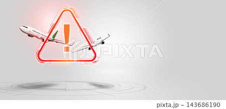 Abstract concept of flight safety and aviation risk featuring two airplanes near a large warning symbol with an exclamation mark against a grey background. Concept of travel restrictions 143686190