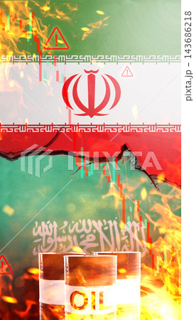 Conceptual illustration about the Iran oil market crisis, featuring the Iranian flag, oil barrels, and financial stock market charts amidst fire and warning signs. 143686218