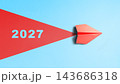Paper plane launching towards 2027, symbolizing future goals, career advancement, and strategic planning design. Concept of Happy New Year 143686318
