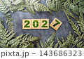 Wooden blocks spelling 2026 changing to 2027, framed by green fern leaves on a dark textured background, symbolizing the transition to the new year. Concept of Happy New Year 143686323