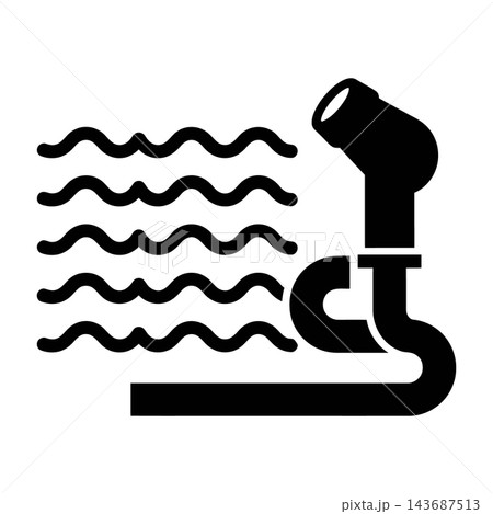 Black and white icon of a pipe spraying liquid waves, symbolizing water flow, cleaning, or fluid dynamics in a minimalist style 143687513