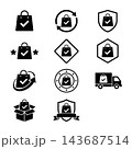 Shopping Bag Icon Set With Checkmark, Delivery Truck, Box, Shield, Return Loop, Stars, And Hexagon Frame Symbols Shopping Bag Icon Set With Checkmark, Delivery Truck, Box, Shield, Return Loop, Stars, And Hexagon Frame Symbols 143687514