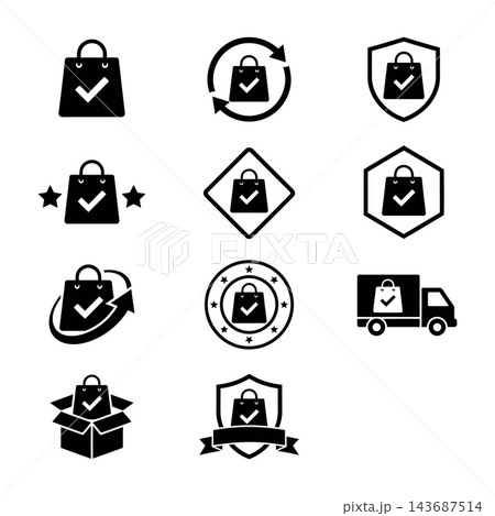 Shopping Bag Icon Set With Checkmark, Delivery Truck, Box, Shield, Return Loop, Stars, And Hexagon Frame Symbols Shopping Bag Icon Set With Checkmark, Delivery Truck, Box, Shield, Return Loop, Stars, And Hexagon Frame Symbols 143687514