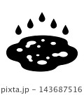 Black ink drops falling into a puddle with bubbles and splashes on white background Black ink drops falling into a puddle with bubbles and splashes on white background 143687516