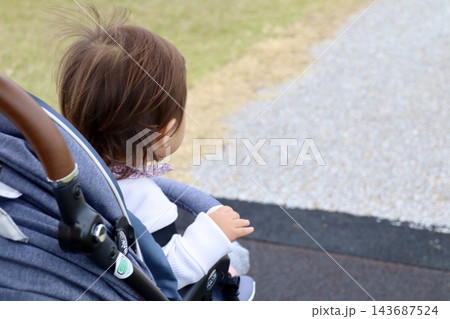 ベビーカーに座る2歳の女の子の後ろ姿 秋の公園 遊歩道|コピースペース付き 子育て広告・Web向け ベビーカーに座る2歳の女の子の後ろ姿 秋の公園 遊歩道|コピースペース付き 子育て広告・Web向け 143687524