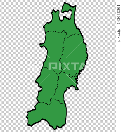東北地區地圖插圖,顯示各都道府縣劃分(綠色/筆觸風格),日式風格。 東北地區地圖插圖,顯示各都道府縣劃分(綠色/筆觸風格),日式風格。 143688361