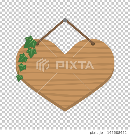 Illustration of a heart-shaped wooden hanging sign with ivy leaves suspended by string. Illustration of a heart-shaped wooden hanging sign with ivy leaves suspended by string. 143688432