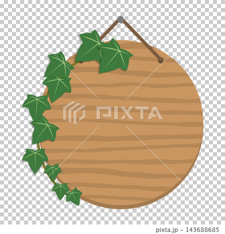 A round wooden hanging sign frame illustration with ivy leaves suspended by string decorating the edges. 143688685