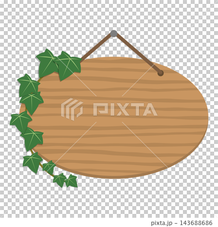 An illustration of an oval wooden hanging sign frame with ivy leaves suspended by string decorating the edges. 143688686