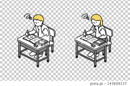 等距插圖：高中男生和女生穿著夏裝，一邊看著筆記本一邊思考。 143689137