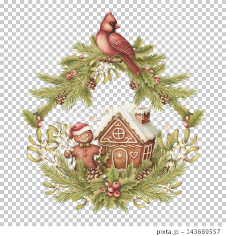 Watercolor christmas arrangement with red cardinal bird and gingerbread house. Vintage winter art shows cookie man in pine branch frame. Cute funny card design. Traditional graphic for holiday print. Watercolor christmas arrangement with red cardinal bird and gingerbread house. Vintage winter art shows cookie man in pine branch frame. Cute funny card design. Traditional graphic for holiday print. 143689557