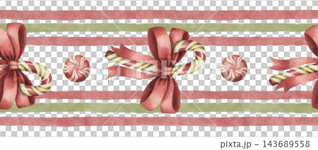 Watercolor christmas seamless border with red bow and peppermint candy cane. Vintage winter illustration shows striped candy and ribbon. Festive washi tape design. Traditional holiday print. Watercolor christmas seamless border with red bow and peppermint candy cane. Vintage winter illustration shows striped candy and ribbon. Festive washi tape design. Traditional holiday print. 143689558