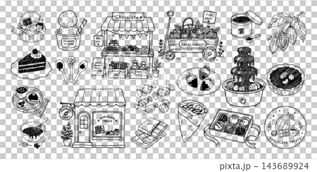 一套手繪的巧克力和可可粉鋼筆插圖,非常適合糖果店、蛋糕和禮品。 一套手繪的巧克力和可可粉鋼筆插圖,非常適合糖果店、蛋糕和禮品。 143689924