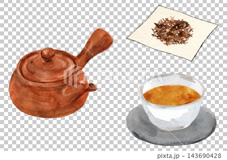 棕色茶壺,茶杯裡的烤綠茶,以及紙上的茶葉-手繪水彩插圖。 棕色茶壺,茶杯裡的烤綠茶,以及紙上的茶葉-手繪水彩插圖。 143690428