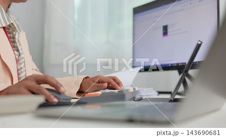 Asian Businesswoman Hands Typing Keyboard Using Mouse Office Desk Asian Businesswoman Hands Typing Keyboard Using Mouse Office Desk 143690681
