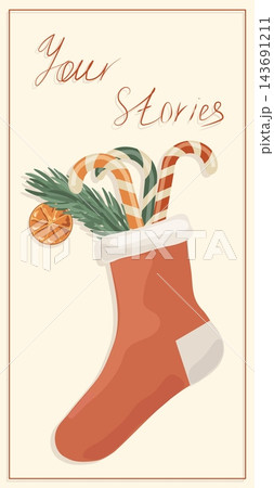 Christmas stories banner template background with copy space. Minimalist winter holiday vertical layout with holiday stocking and candy canes Christmas stories banner template background with copy space. Minimalist winter holiday vertical layout with holiday stocking and candy canes 143691211