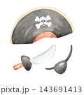 Watercolor accessories for a Halloween pirate costume. A cartoon-style black hat with a skull, an eye patch, and a cutlass all hand-painted. A set of elements for a pirate-themed birthday party. 143691413